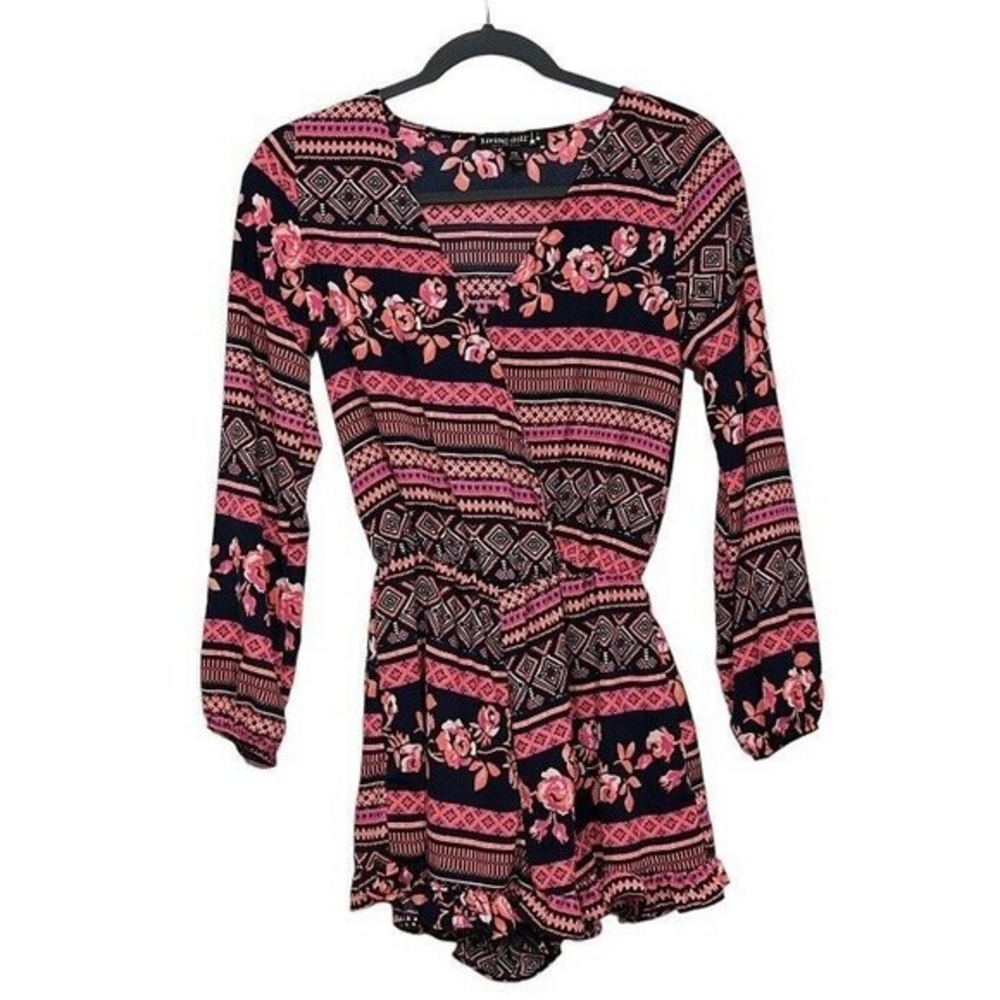 Living Doll Neon Playsuit Romper Long Sleeve Floral Elastic Waist Shorts Size XS
